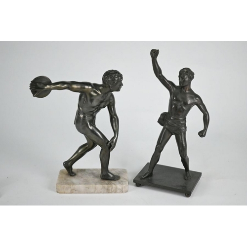 180 - A bronze figure of a discus-thrower, after the Ancient, 22 cm high, on marble base to/w another bron... 