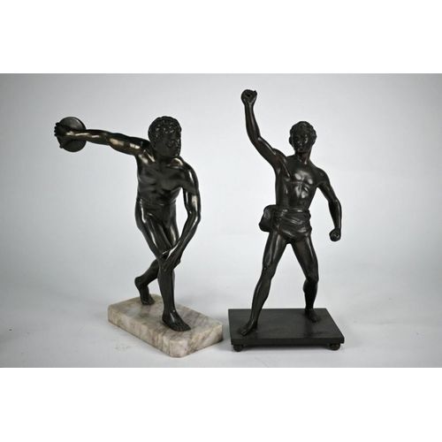 180 - A bronze figure of a discus-thrower, after the Ancient, 22 cm high, on marble base to/w another bron... 