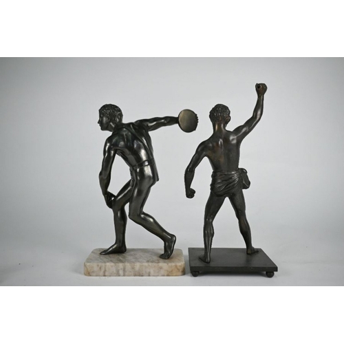 180 - A bronze figure of a discus-thrower, after the Ancient, 22 cm high, on marble base to/w another bron... 