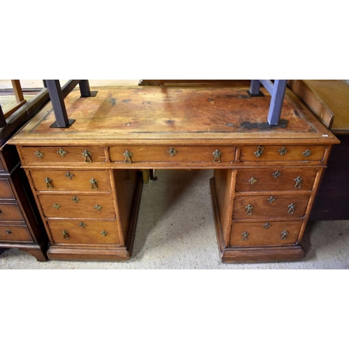 506 - Arts and Crafts oak twin pedestal desk with nine drawers (leather removed) 140 cm w x 66 cm d x 76 c... 