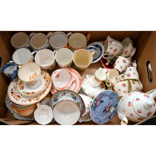 87 - Two boxes of decorative china, including Coronation mugs, Royal Doulton floral-printed coffee set, b... 