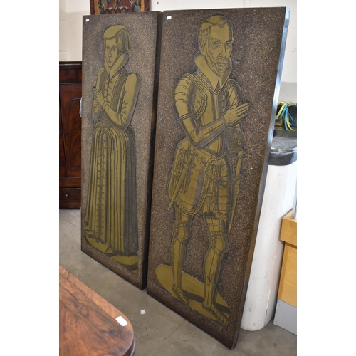 523 - A pair of rectangular simulated stone and brass portraits of Nicholas and Dorothy Wadham of Ilminste... 