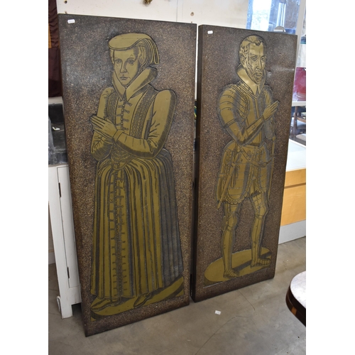 523 - A pair of rectangular simulated stone and brass portraits of Nicholas and Dorothy Wadham of Ilminste... 