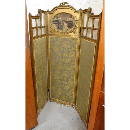 526 - An antique French giltwood and glass three-fold framed screen with flora and fauna fabric panels and... 