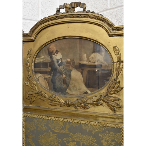 526 - An antique French giltwood and glass three-fold framed screen with flora and fauna fabric panels and... 