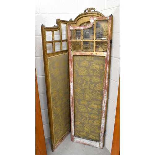 526 - An antique French giltwood and glass three-fold framed screen with flora and fauna fabric panels and... 