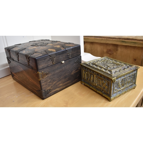 182 - A Victorian coromandel parquetry jewellery box with ornate brass binding, the gilt blue morocco and ... 