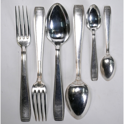 12 - A French Art Deco Ercuis set electroplated flatware for six settings, with soup ladle