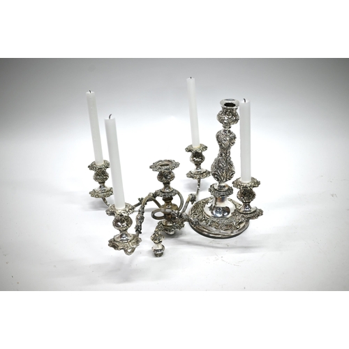 12A - A pair of epns twin-branch candelabra with detachable tops and flame finials, 39cm high