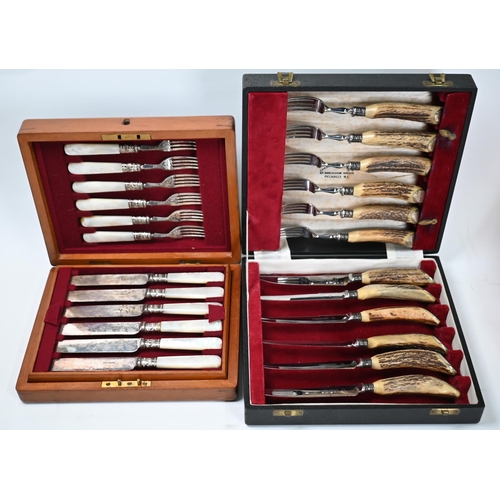 14 - Electroplated fiddle pattern and other flatware, mahogany-cased dessert knives and forks with mother... 