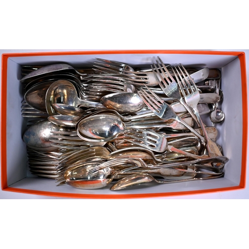 14 - Electroplated fiddle pattern and other flatware, mahogany-cased dessert knives and forks with mother... 