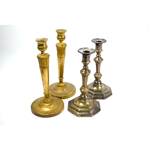 18 - A pair of 19th Continental Century plated on copper baluster candlesticks, 22cm high, to/w a pair of... 