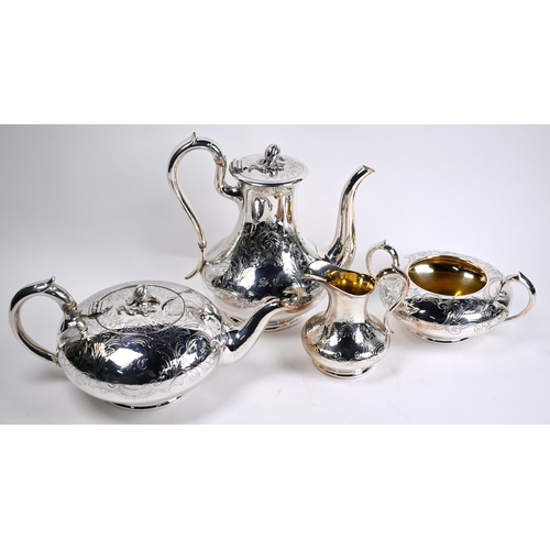 3 - WITHDRAWN A Victorian Elkington & Co four-piece tea/coffee service of compressed melon form with fol... 
