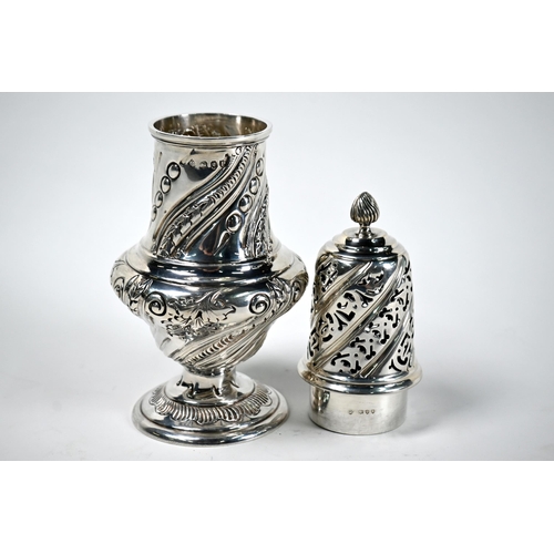 36 - A Victorian silver baluster caster with flame finial and embossed decoration, Martin Hall & Co, Lond... 
