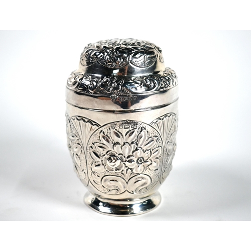 37 - A Victorian silver ovoid caster with floral-embossed decoration, on raised foot-rim, Howell & James ... 