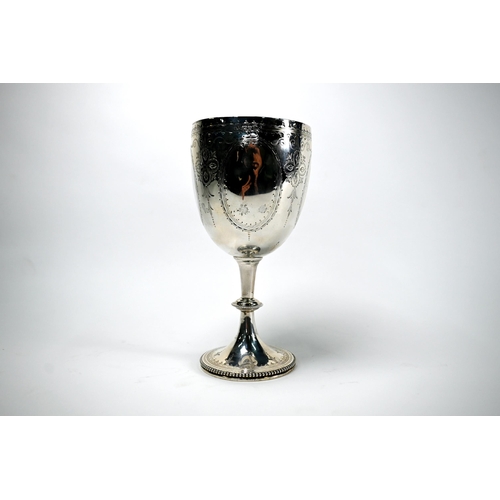 38 - Victorian silver trophy goblet with engraved decoration, on beaded blade-knop stem, Charles Stuart H... 