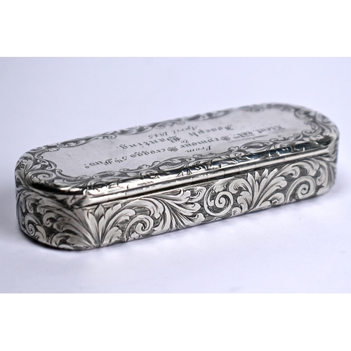 42 - Nathaniel Mills: Victorian silver snuff box with foliate engraving, inscribed 'From Lieut. Wm. Seymo... 