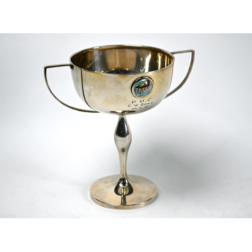 46 - Motorcycling: silver trophy cup applied with enamel 'Triumph' globe boss and engraved 'P.M.C. C.W. B... 