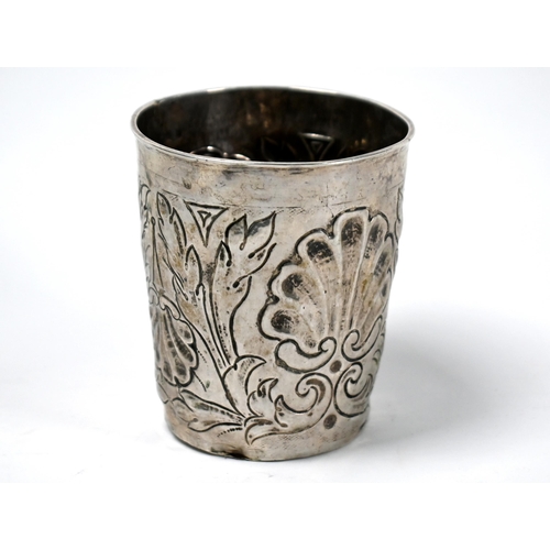 47 - An early 18th Century Danish silver beaker, embossed and chased with silver foliage, assay master Co... 