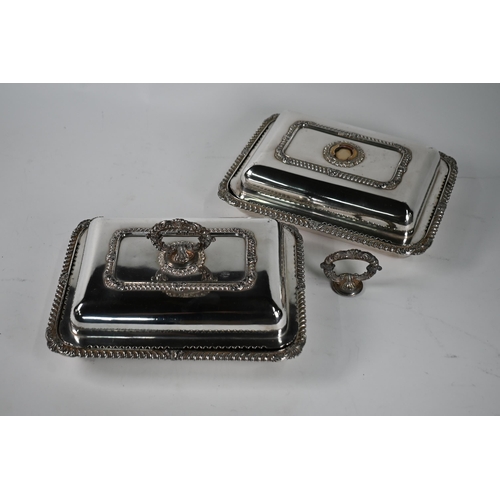 4A - A pair of 19th Century old Sheffield plate entrée dishes and covers with gadrooned rims, to/w a plat... 