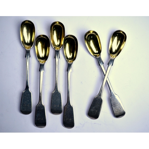 53 - Set of six Victorian silver fiddle pattern mustard spoons with elongated gilt bowls, Charles Lias, L... 