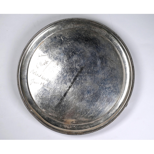 58 - A silver salver with beaded rim, presentation engraving to Geoffrey Treasure, Grove housemaster, Har... 