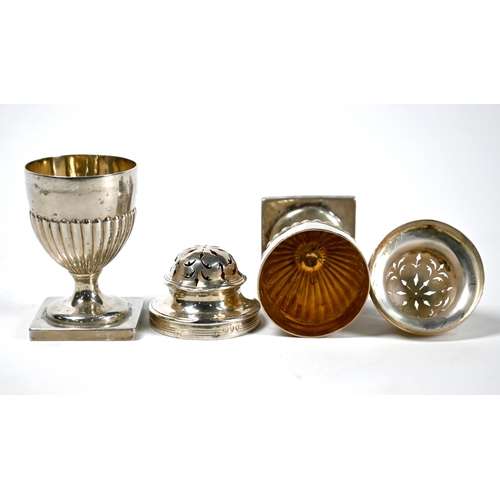 60 - A pair of Adam Revival silver casters of half-reeded urn form, on stemmed square bases, Charles Stua... 