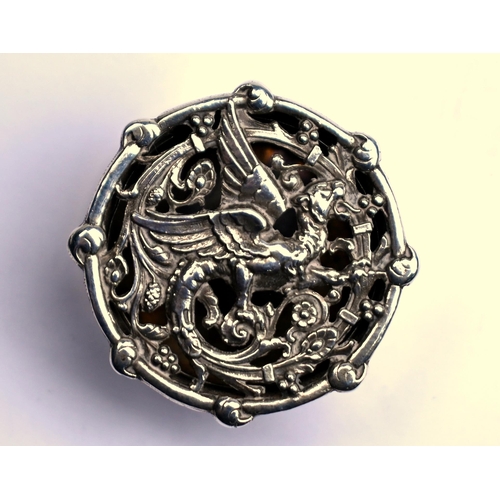 62 - A small cylindrical silver pomander, the pierced cover cast with a gryphon, London 1910, 3.5cm diame... 