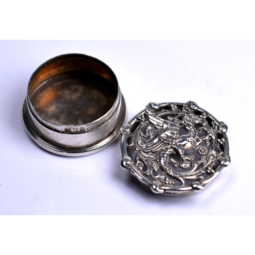 62 - A small cylindrical silver pomander, the pierced cover cast with a gryphon, London 1910, 3.5cm diame... 