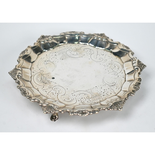 63 - A George I Irish silver card salver with shell and scroll rim and rococo-style engraving (probably 1... 