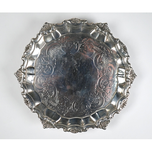 63 - A George I Irish silver card salver with shell and scroll rim and rococo-style engraving (probably 1... 