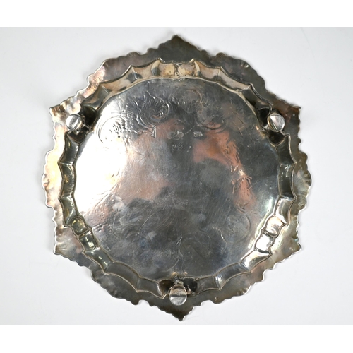 63 - A George I Irish silver card salver with shell and scroll rim and rococo-style engraving (probably 1... 