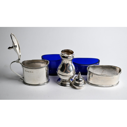 64 - Eight various silver condiments, 8.2oz (256g) net of blue glass liners