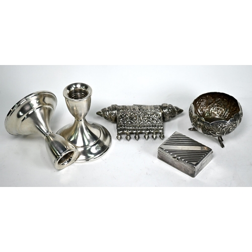 66 - Indian silver amulet box 12.5cm wide, to/w a small chased bowl, pill-box with two compartments and a... 