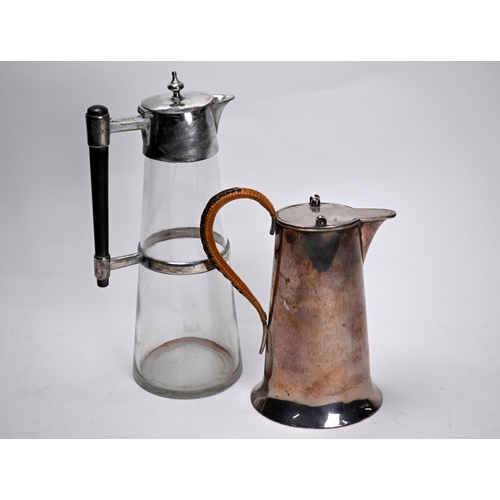 68 - A 19th Century tapering glass claret jug with electroplated mounts and ebony baton handle in the man... 