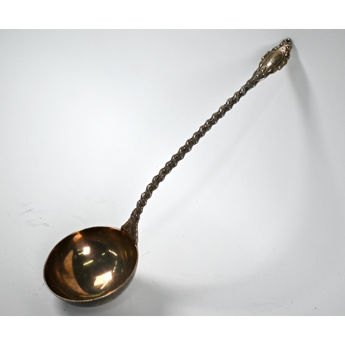 84 - A heavy quality Victorian silver soup ladle with ornate twist stem, Francis Higgins, London 1860, 8.... 