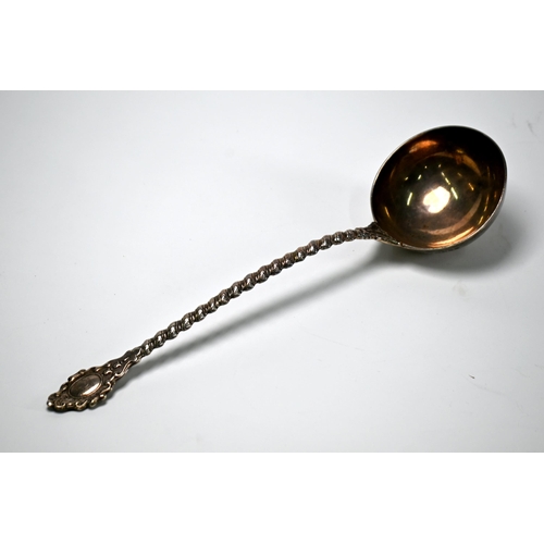 84 - A heavy quality Victorian silver soup ladle with ornate twist stem, Francis Higgins, London 1860, 8.... 