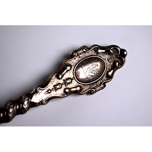 84 - A heavy quality Victorian silver soup ladle with ornate twist stem, Francis Higgins, London 1860, 8.... 