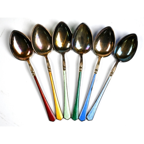 85 - A set of six Norwegian Harlequin enamelled silver gilt coffee spoons, Aksel Holmsen, Sandefjord, in ... 