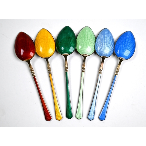 85 - A set of six Norwegian Harlequin enamelled silver gilt coffee spoons, Aksel Holmsen, Sandefjord, in ... 