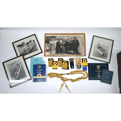 1236 - A Naval officer's bullion 'scrambled egg' lanyard and epaulettes to/w various photographs of warship... 