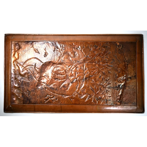 1238 - An Arts & Crafts Newlyn copper tray, the border worked with fish, scallops and whelks, stamped 'Newl... 