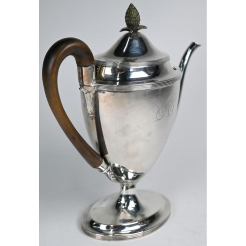 22 - Peter & Ann Bateman - an Adam-style urn-shaped coffee pot with carved pineapple finial, reeded rims ... 