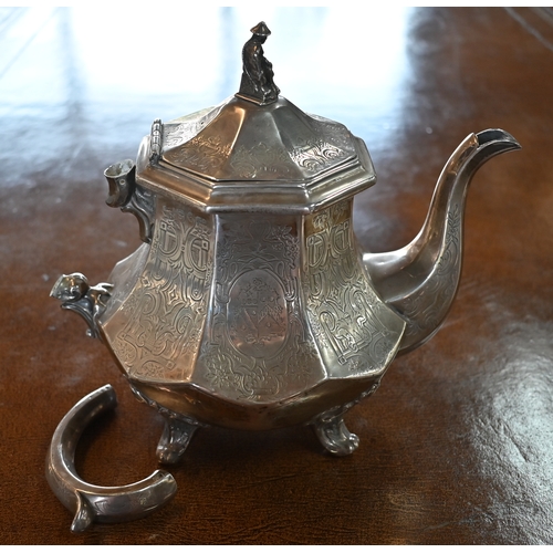 81 - A Victorian silver teapot with engraved decoration, surmounted by cast Chinese figural finial, on sc... 