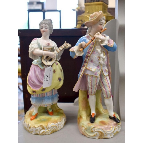 146 - A pair of late 19th century German porcelain figures, 18th century man with flute and lady with lute... 