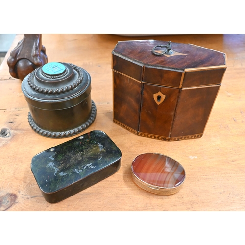 190 - An unusual Sheraton period inlaid mahogany tea caddy of flattened octagonal form, 11 cm h x 12.5 cm ... 