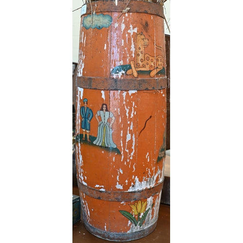 199 - A Continental iron-bound barrel stick stand with painted decoration to/w a floral-painted bargeware ... 