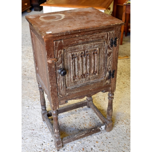 240 - An oak bedside cabinet with linenfold carved door, 40 cm wide x 34 cm deep x 72 cm high to/w mahogan... 