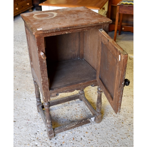 240 - An oak bedside cabinet with linenfold carved door, 40 cm wide x 34 cm deep x 72 cm high to/w mahogan... 