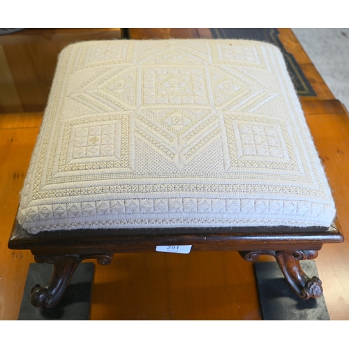 291 - A Victorian rosewood framed square footstool with ivory geometric patterned upholstery